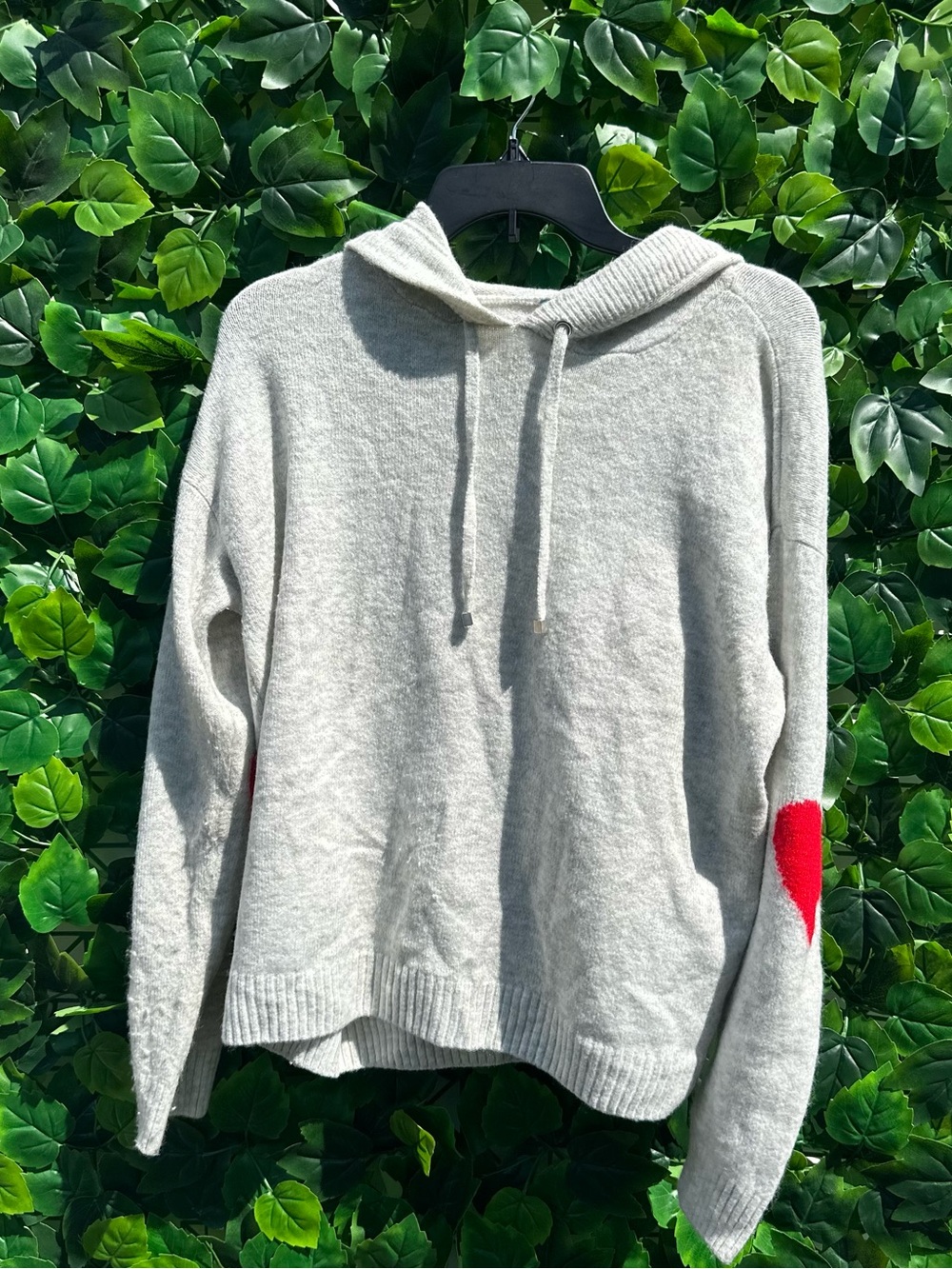 Light Gray Hoodie Sweater with Red Elbow Heart - Women Tops